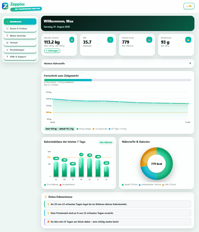 Zappixx Dashboard, helles Design